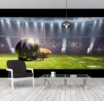 Picture of American football background with ball and black helmet 3D Rendering